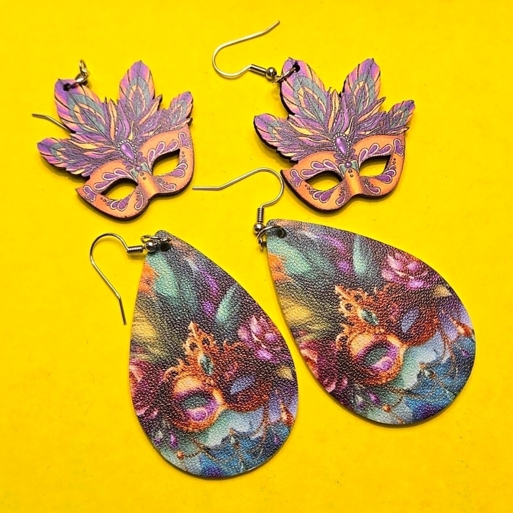 Mardi Gras 2 Pairs Earrings Colorful Feather Mask / Mask Peacock Carnival